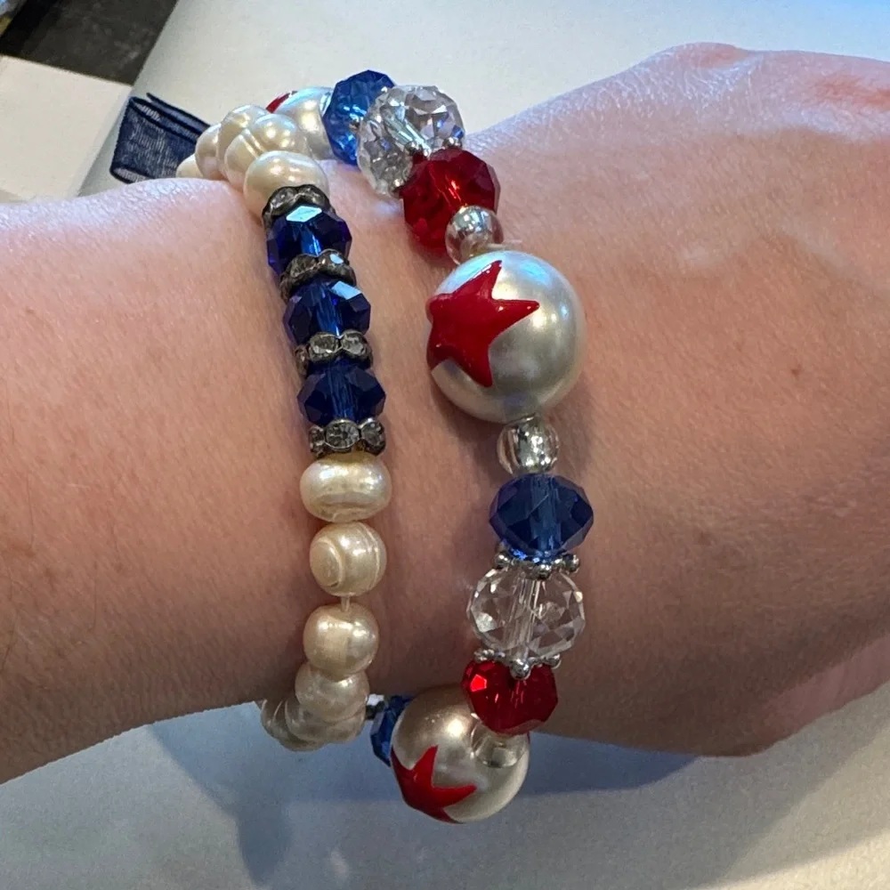 Red, White, and Blue Beaded Bracelet Set of 2 - Picture 2 of 6